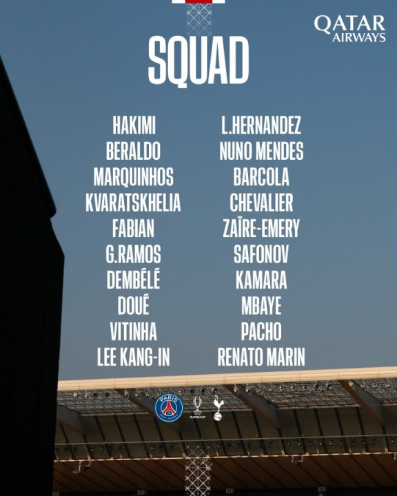 多纳鲁马落选！巴黎欧超杯名单：登贝莱、杜埃、维蒂尼亚在列